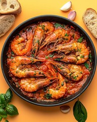 Delicious Shrimp Scampi in Tomato Sauce with Bread and Basil on a Vibrant Orange Background