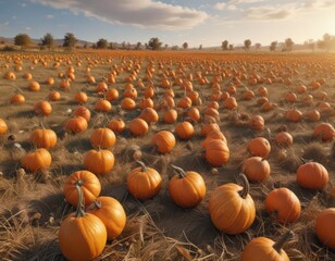 Abundant harvest bounty of gourds and pumpkins scattered on a field of dry grass , outdoor, earth, rural