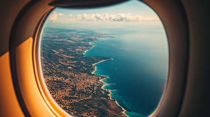 Fototapeta premium A breathtaking aerial view from an airplane window, showcasing a coastal city with clear blue waters and picturesque coastline.