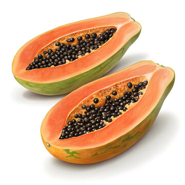 recommend clip art: A realistic papaya cut lengthwise in half, exposing its vibrant orange flesh and black seeds.