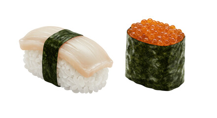 Isolated Sushi Nigiri Set with Squid and Salmon Roe