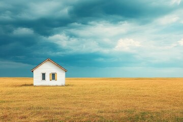 Lonely white house in a vast golden field under a dramatic cloudy sky at dusk