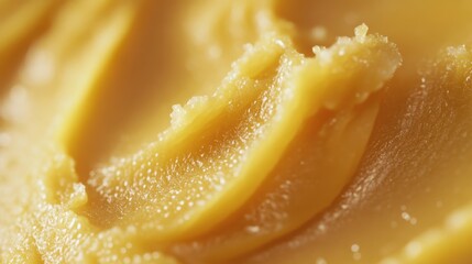 Golden honey swirls with a glistening, textured surface, closeup view. Use it for dessert recipe cards or beauty product advertisements.