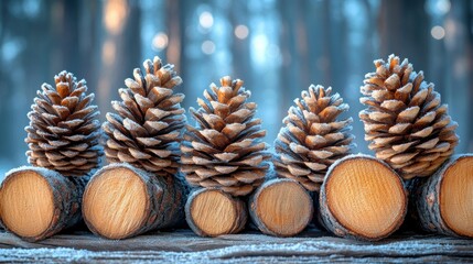Frosty pine cones on log slices