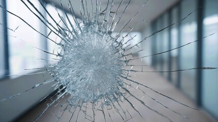 The broken glass window reflects a scene of destruction and potential crime, serving as a stark reminder of workplace hazards and property damage.



