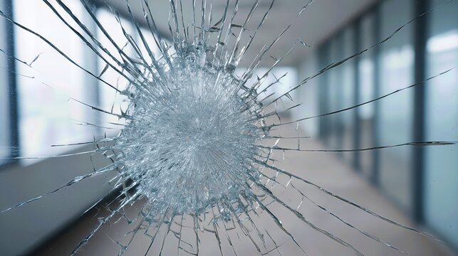 The broken glass window reflects a scene of destruction and potential crime, serving as a stark reminder of workplace hazards and property damage.


