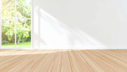 Bright and airy empty room with wooden flooring and large windows allowing natural light to illuminate space, creating warm and inviting atmosphere