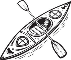 Kayak and Kayaking Black and White Vector Illustration, Sketch Drawing Line Linear Symbol Icon Engraving, Hand-drawn Isolated
