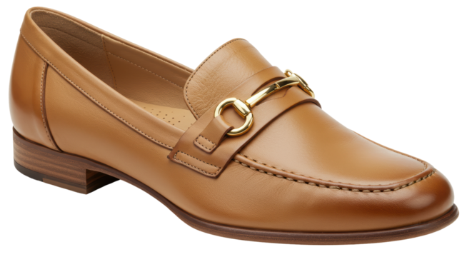 Isolated Tan Leather Loafer with Gold Buckle Ornament
