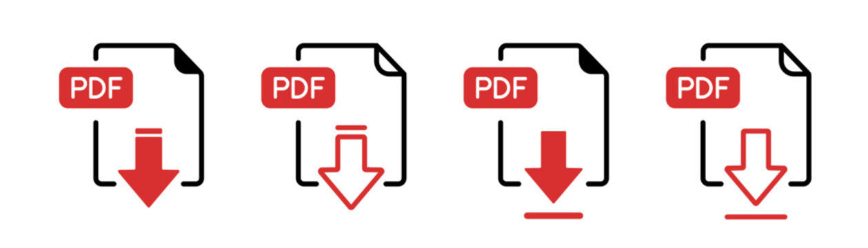 PDF file format icons set. PDF file download symbols. Editable line width. PNG transparent