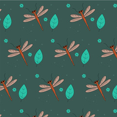 Pattern with dragonfly, leaves, flowers 