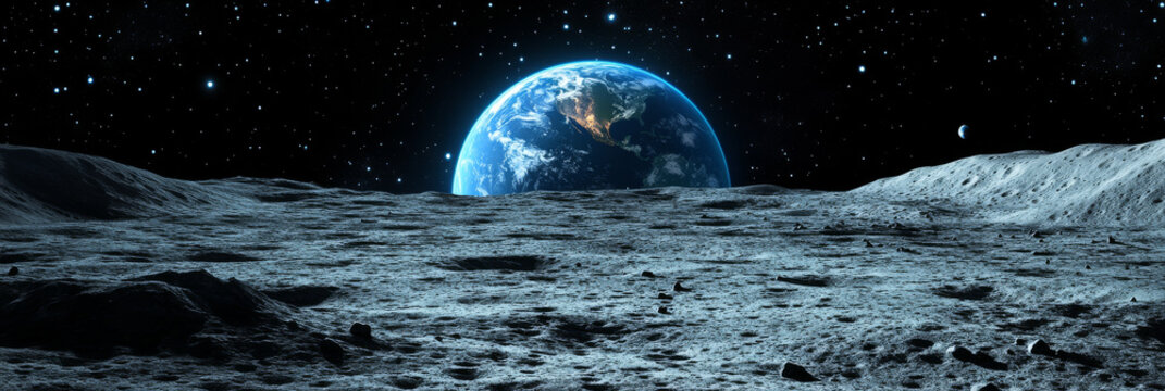 breathtaking scene depicting surface of moon with Earth visible in background, showcasing vastness of space and beauty of our planet from lunar perspective