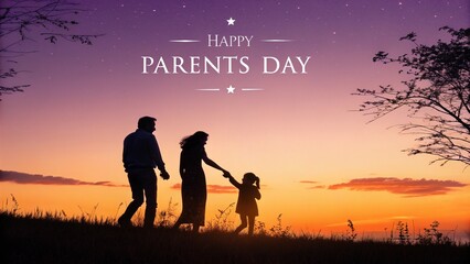 Obraz premium Happy Parents Day Sunset Scene with Family Silhouette and Love