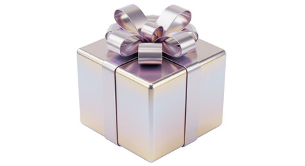 Isolated Metallic Silver Gift Box with Ribbon
