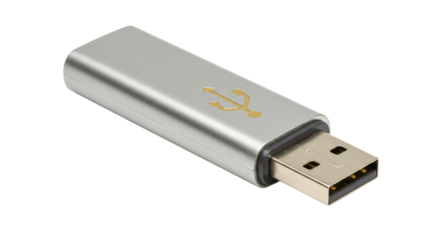 Isolated Silver USB Drive with Gold Symbol