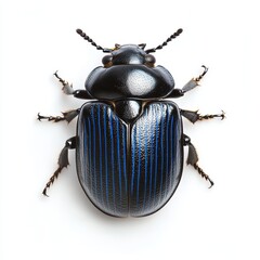 Black Beetle with Iridescent Blue Stripes on White Background