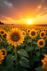 Fototapeta premium Golden hour illuminates a vast field of sunflowers and corn, sunset backdrop , clouds, sunflowers, scenery