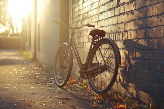 A vintage bicycle leans against a brick wall in the sunlight, creating a nostalgic and peaceful scene.
