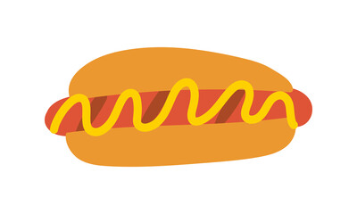 Hot dog with mustard isolated, flat vector illustration, fast food for poster, menus, brochure, web design hand drawn illustration street food .