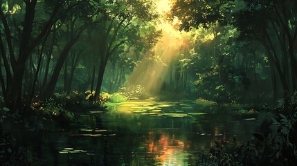 Obraz premium Scenic Forest Lake with Lush Green Trees and Sunlight Painting