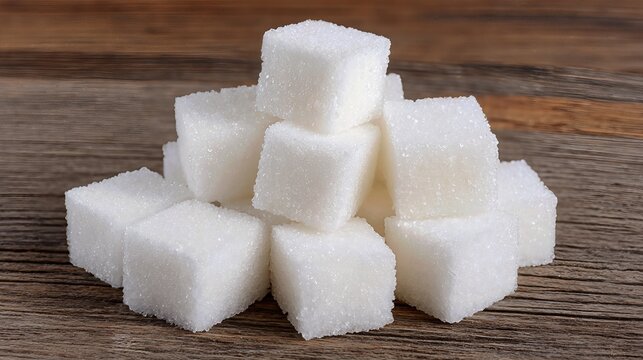 A heap of white sugar cubes sits on a wooden table, symbolizing sweetness and dietary excess.

