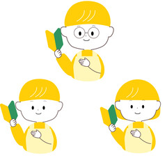 初心者マークを持つエプロン姿のかわいい男女