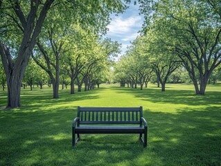 Serene Park Scene with Empty Bench and Lush Green Trees in Springtime Sunlight