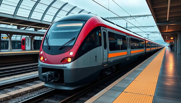 Precisely timed arrival of a sleek, modern train at a station platform, organization, schedule adherence