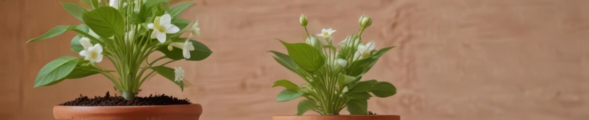Vibrant green sprout, white blooms in terracotta pot , sustainable, vegetation