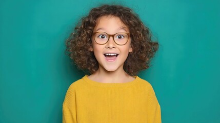 Obraz premium Adorable child with glasses and curly hair laughs freely, spreading happiness and youthful energy. 