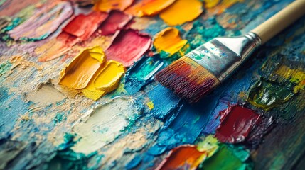 Obraz premium Close up of a paintbrush on an artist's palette with oil paint, a colourful abstract background for creative projects