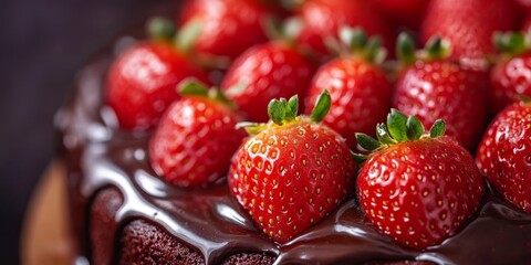 Sweet and tangy chocolate cake adorned with fresh strawberries, perfect for any occasion.