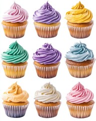 Delicious Assortment of Colorful Cupcakes with Swirled Frosting on a White Background
