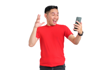 Shocked young Asian man looking at mobile phone screen reacting to online news with opened mouth isolated on transparent background