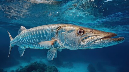 Naklejka premium Majestic Barracuda Swimming in Clear Blue Ocean Waters