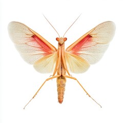 Detailed Close up of a Praying Mantis with Translucent Reddish Orange Wings Against White Background