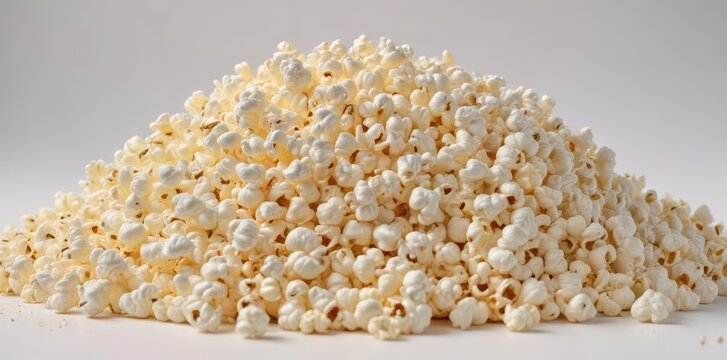 A fluffy mound of popcorn against a pure white backdrop , buttery, macro