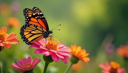 Fototapeta premium A monarch butterfly rests on vibrant wildflowers , insect photography, insect