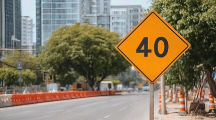 Urban construction zone marked with orange signage signals caution and reduced driving speed.
