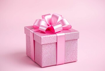 Fototapeta premium Pink sparkly gift box with a satin bow, pastel background, shiny, birthday