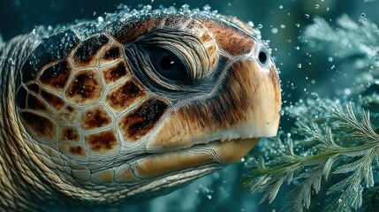 Fototapeta premium Close-Up of a Sea Turtle in a Vibrant Underwater Environment