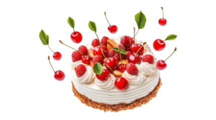 Beautifully Decorated Cake Topped With Fresh Cherries and Almonds on a Transparent Background
