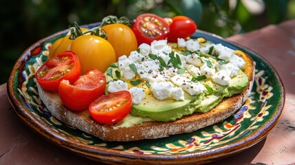 Avocado toast with tomatoes and feta cheese on a decorative plate, healthy food. Perfect for blogs, websites, or recipe books related to healthy eating.