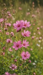 Fototapeta premium Delicate pink wildflowers bloom in a sunlit field , beautiful, pink, landscape