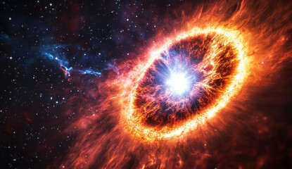 galactic explosion radiates vibrant red and blue hues, creating stunning cosmic display filled with swirling gases and bright stars, evoking sense of wonder and awe