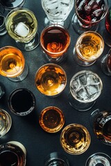 A close-up of a variety of liquors in different glasses, suggesting a mix of cocktails and party atmosphere.