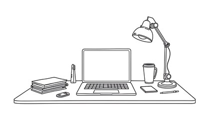 Fototapeta premium Office desk essentials in thick outline: laptop, pen, notebook, cup, smartphone, and lamp on white background