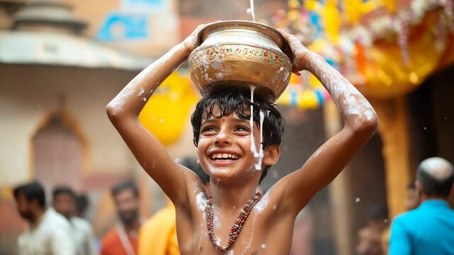 A young boy is holding a large pot on his head while laughing. The scene is lively and playful, with the boy's joyous expression and the unusual sight of him holding a pot on his head