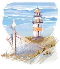 Watercolor lighthouse on the coast with dry grass and pale old boat resting nearby, a seagull perched on the edge, blue sea in the background creating a calm nautical summer scene