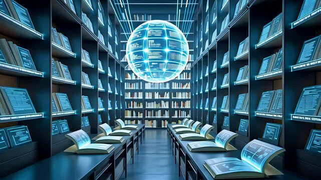 Digital Books Floating Data Archive Futuristic Library Blue Light